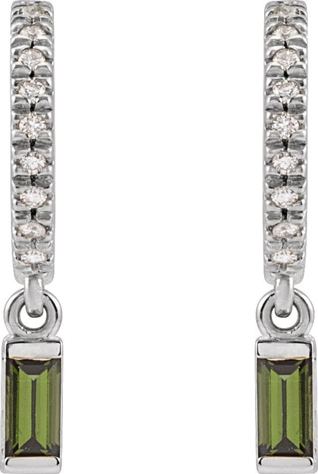 Platinum Straight Baguette Natural Green Tourmaline & Natural Diamond French-Set Dangle Hoop Earrings - view 2