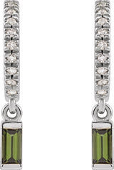 14K Gold Straight Baguette Natural Green Tourmaline & Natural Diamond French-Set Dangle Hoop Earrings - White Gold - view 2