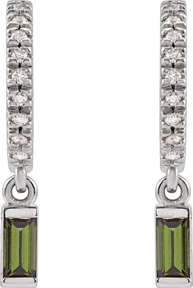 14K Gold Straight Baguette Natural Green Tourmaline & Natural Diamond French-Set Dangle Hoop Earrings - White Gold - view 2