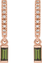 14K Gold Straight Baguette Natural Green Tourmaline & Natural Diamond French-Set Dangle Hoop Earrings - Rose Gold - view 2