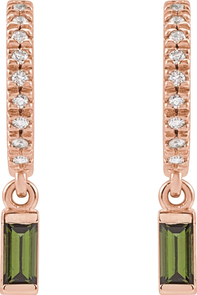 14K Gold Straight Baguette Natural Green Tourmaline & Natural Diamond French-Set Dangle Hoop Earrings - Rose Gold - view 2