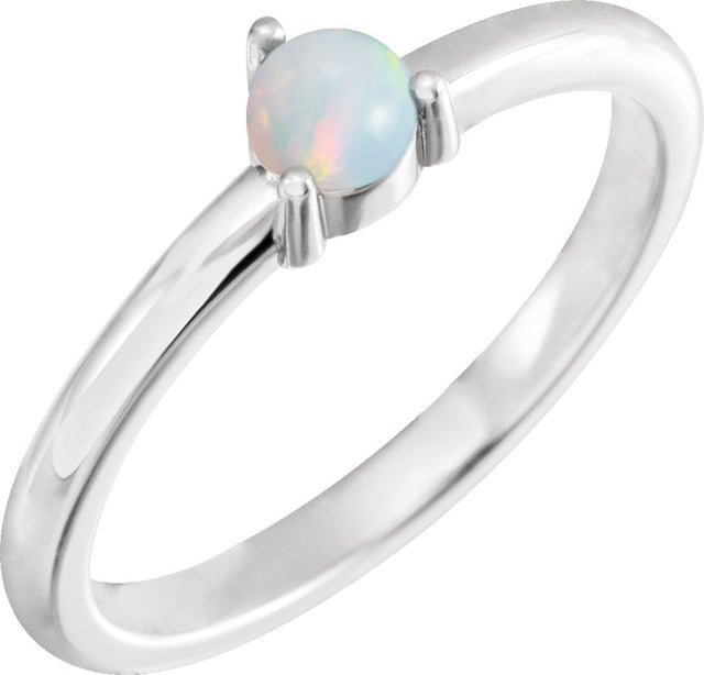 Platinum Round Natural White Opal Cabochon Solitaire Ring