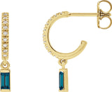 14K Gold Straight Baguette Natural London Blue Topaz & Natural Diamond French-Set Dangle Hoop Earrings II - Yellow Gold
