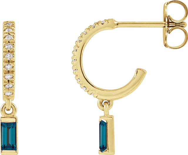 14K Gold Straight Baguette Natural London Blue Topaz & Natural Diamond French-Set Dangle Hoop Earrings II - Yellow Gold