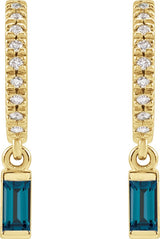 14K Gold Straight Baguette Natural London Blue Topaz & Natural Diamond French-Set Dangle Hoop Earrings II - Yellow Gold - view 2