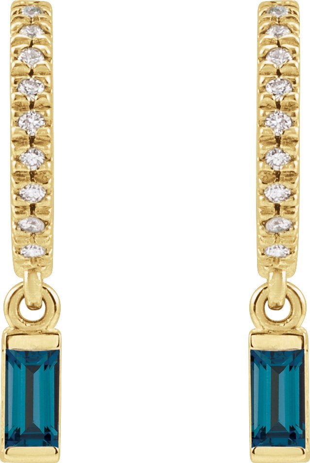 14K Gold Straight Baguette Natural London Blue Topaz & Natural Diamond French-Set Dangle Hoop Earrings II - Yellow Gold - view 2