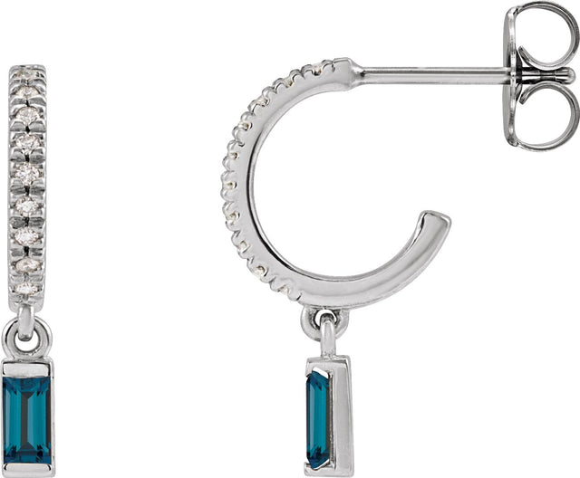 14K Gold Straight Baguette Natural London Blue Topaz & Natural Diamond French-Set Dangle Hoop Earrings II - White Gold