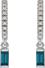 14K Gold Straight Baguette Natural London Blue Topaz & Natural Diamond French-Set Dangle Hoop Earrings II - White Gold - view 2