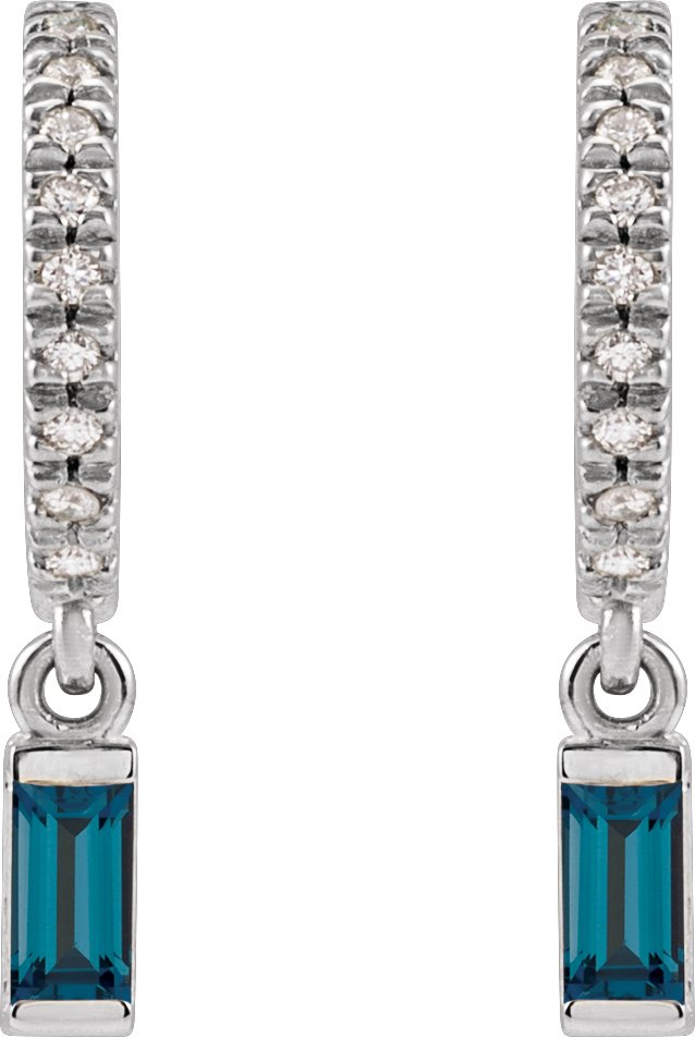 14K Gold Straight Baguette Natural London Blue Topaz & Natural Diamond French-Set Dangle Hoop Earrings II - White Gold - view 2