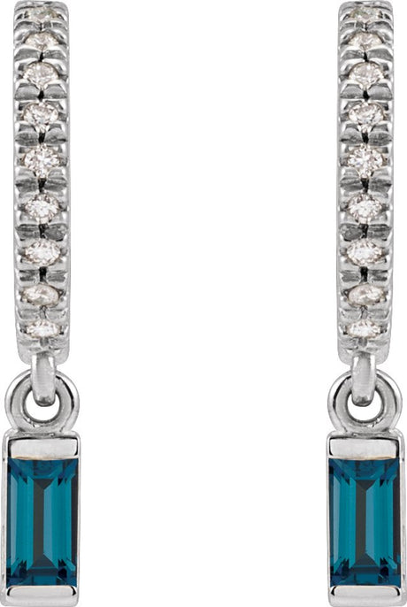 Platinum Straight Baguette Natural London Blue Topaz & Natural Diamond French-Set Dangle Hoop Earrings II - view 2