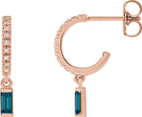 14K Gold Straight Baguette Natural London Blue Topaz & Natural Diamond French-Set Dangle Hoop Earrings II - Rose Gold