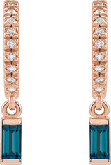 14K Gold Straight Baguette Natural London Blue Topaz & Natural Diamond French-Set Dangle Hoop Earrings II - Rose Gold - view 2
