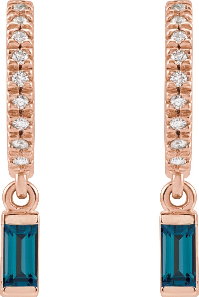 14K Gold Straight Baguette Natural London Blue Topaz & Natural Diamond French-Set Dangle Hoop Earrings II - Rose Gold - view 2