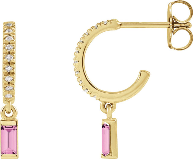 14K Gold Straight Baguette Natural Pink Sapphire & Natural Diamond French-Set Dangle Hoop Earrings – 4mm Stones - Yellow Gold