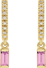 14K Gold Straight Baguette Natural Pink Sapphire & Natural Diamond French-Set Dangle Hoop Earrings – 4mm Stones - Yellow Gold - view 2
