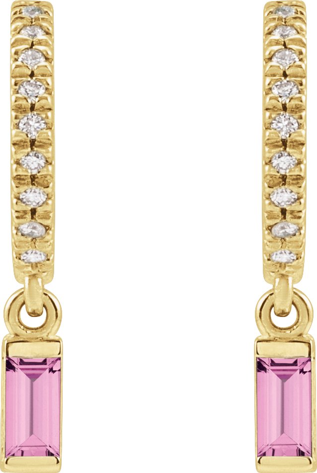 14K Gold Straight Baguette Natural Pink Sapphire & Natural Diamond French-Set Dangle Hoop Earrings – 4mm Stones - Yellow Gold - view 2