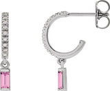 Platinum Straight Baguette Natural Pink Sapphire & Natural Diamond French-Set Dangle Hoop Earrings – 4mm Stones