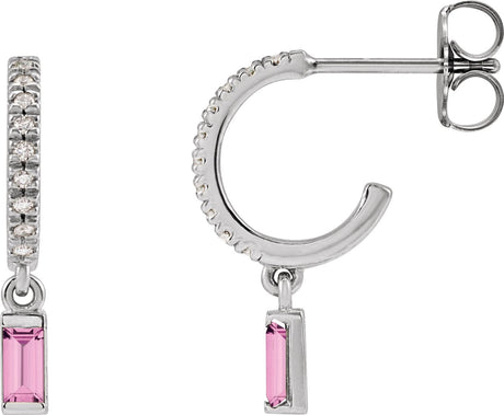 Platinum Straight Baguette Natural Pink Sapphire & Natural Diamond French-Set Dangle Hoop Earrings – 4mm Stones