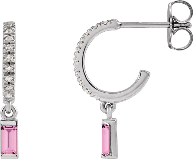 Platinum Straight Baguette Natural Pink Sapphire & Natural Diamond French-Set Dangle Hoop Earrings – 4mm Stones