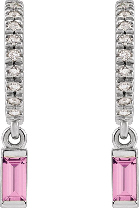 Platinum Straight Baguette Natural Pink Sapphire & Natural Diamond French-Set Dangle Hoop Earrings – 4mm Stones - view 2