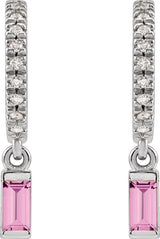 14K Gold Straight Baguette Natural Pink Sapphire & Natural Diamond French-Set Dangle Hoop Earrings – 4mm Stones - White Gold - view 2