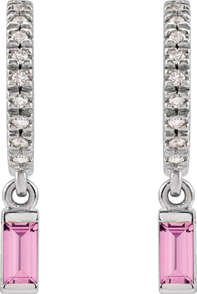 14K Gold Straight Baguette Natural Pink Sapphire & Natural Diamond French-Set Dangle Hoop Earrings – 4mm Stones - White Gold - view 2
