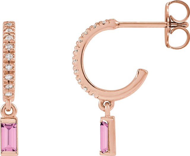 14K Gold Straight Baguette Natural Pink Sapphire & Natural Diamond French-Set Dangle Hoop Earrings – 4mm Stones - Rose Gold