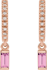 14K Gold Straight Baguette Natural Pink Sapphire & Natural Diamond French-Set Dangle Hoop Earrings – 4mm Stones - Rose Gold - view 2