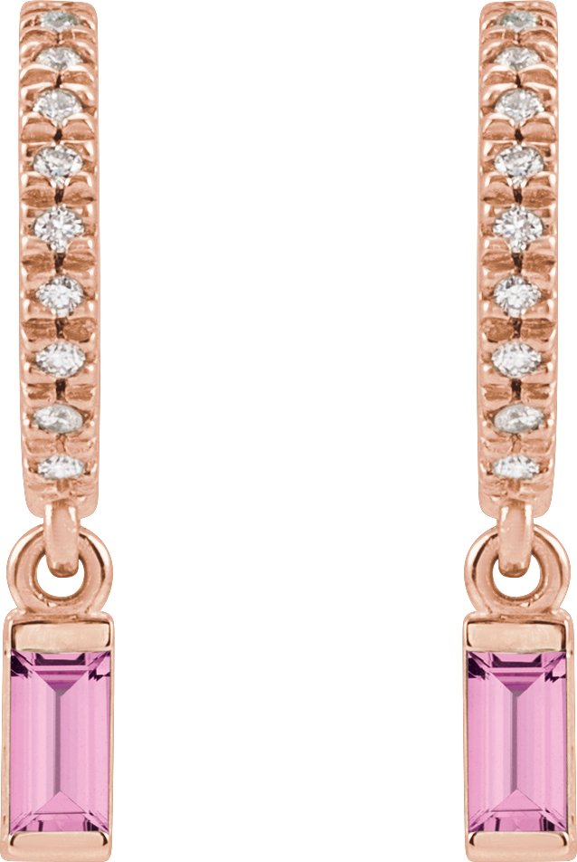 14K Gold Straight Baguette Natural Pink Sapphire & Natural Diamond French-Set Dangle Hoop Earrings – 4mm Stones - Rose Gold - view 2