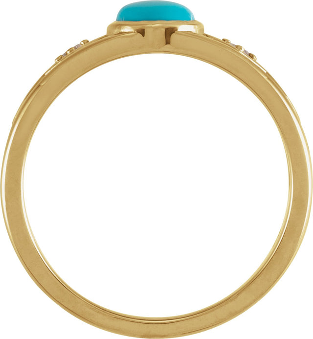 14K Gold Oval Natural Turquoise & Natural Diamond Bezel-Set Cabochon Ring - Yellow Gold - view 2