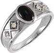 14K Gold Oval Natural Black Onyx & Natural Diamond Bezel-Set Cabochon Ring - White Gold