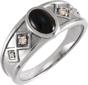 14K Gold Oval Natural Black Onyx & Natural Diamond Bezel-Set Cabochon Ring - White Gold