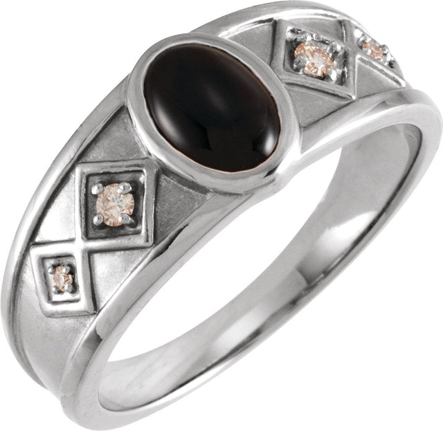14K Gold Oval Natural Black Onyx & Natural Diamond Bezel-Set Cabochon Ring - White Gold