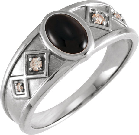 Platinum Oval Natural Black Onyx & Natural Diamond Bezel-Set Cabochon Ring