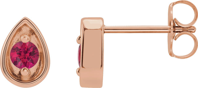 14K Gold Round Natural Ruby Teardrop Earrings - Rose Gold