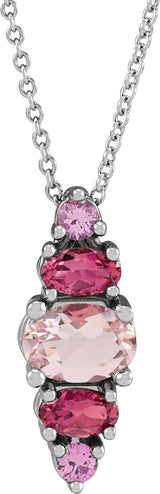 Platinum Oval Natural Pink Multi-Gemstone Bar Necklace or Pendant