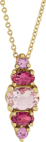14K Gold Oval Natural Pink Multi-Gemstone Bar Necklace or Pendant - Yellow Gold