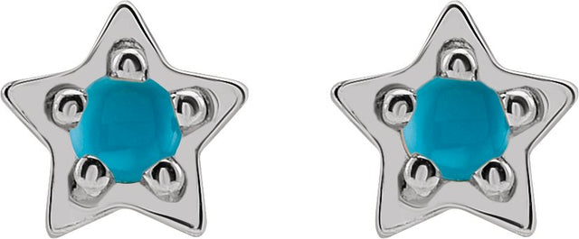14K Gold Round Natural Turquoise Star Cabochon Earrings - White Gold - view 4