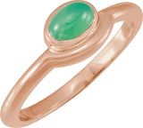 14K Gold Oval Natural Green Chrysoprase Bezel-Set Cabochon Ring - Rose Gold
