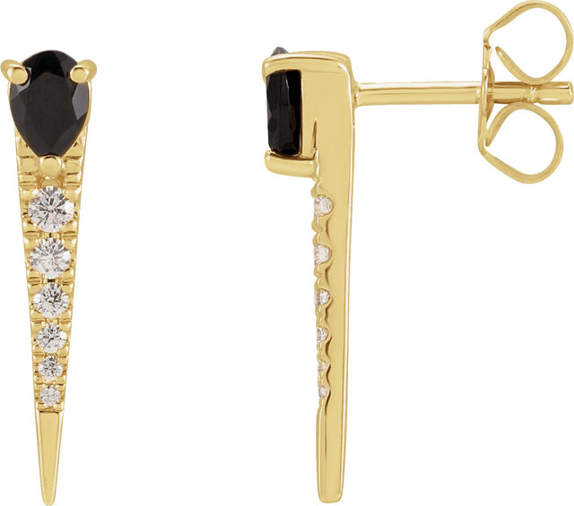 14K Gold Pear Natural Black Onyx & Natural Diamond Spike Earrings - Yellow Gold