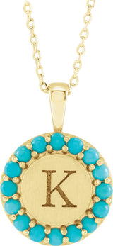 14K Gold Round Natural Turquoise Engravable Halo-Style Necklace or Pendant - Yellow Gold - view 3