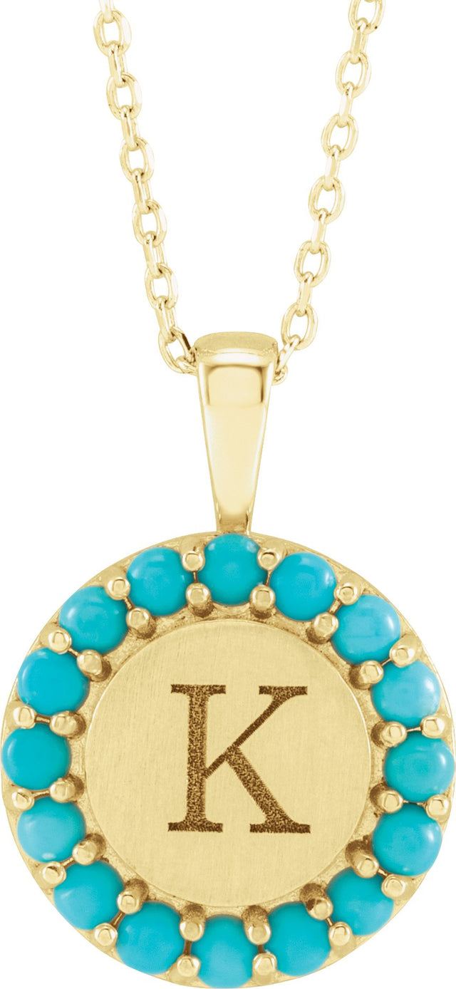 14K Gold Round Natural Turquoise Engravable Halo-Style Necklace or Pendant - Yellow Gold - view 3