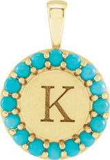 14K Gold Round Natural Turquoise Engravable Halo-Style Necklace or Pendant - Yellow Gold - view 3