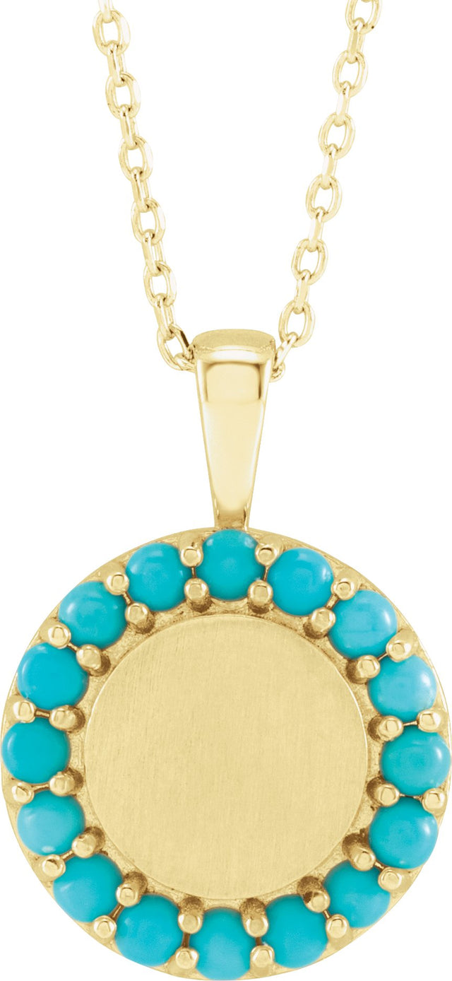 14K Gold Round Natural Turquoise Engravable Halo-Style Necklace or Pendant - Yellow Gold