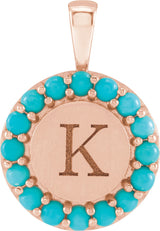 14K Gold Round Natural Turquoise Engravable Halo-Style Necklace or Pendant - Rose Gold - view 3
