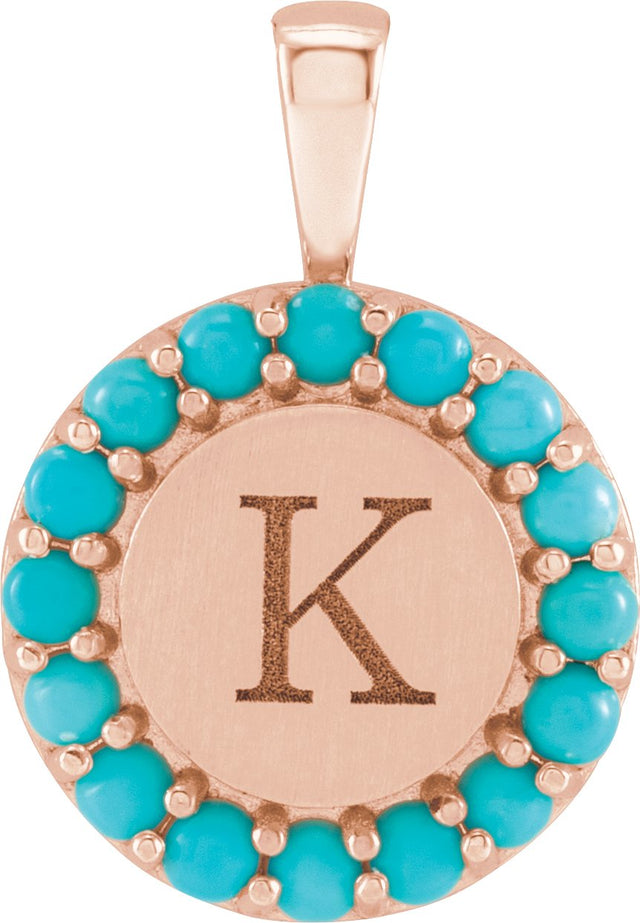 14K Gold Round Natural Turquoise Engravable Halo-Style Necklace or Pendant - Rose Gold - view 3