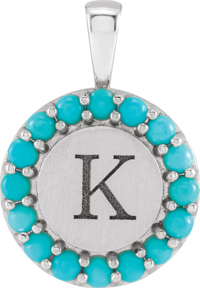 Platinum Round Natural Turquoise Engravable Halo-Style Necklace or Pendant - view 3