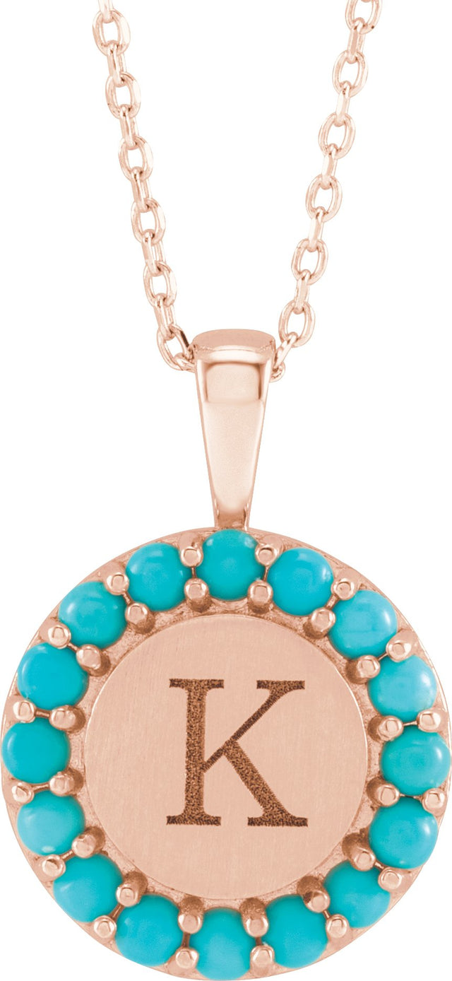 14K Gold Round Natural Turquoise Engravable Halo-Style Necklace or Pendant - Rose Gold - view 3