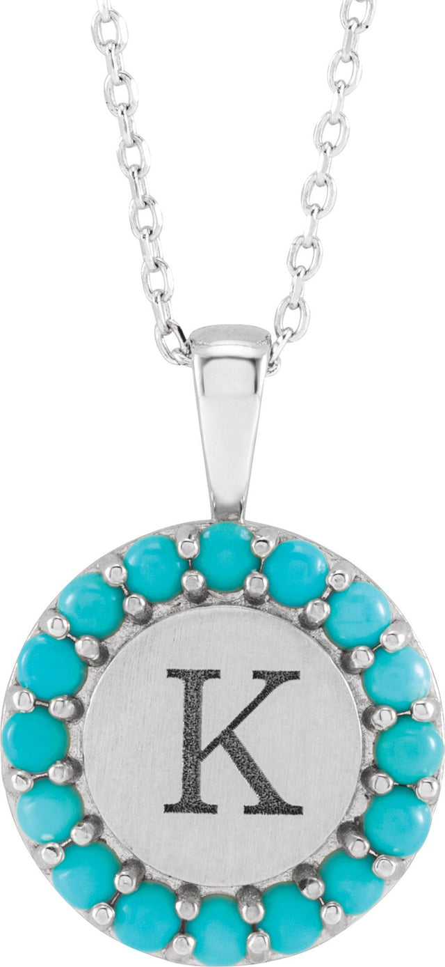 14K Gold Round Natural Turquoise Engravable Halo-Style Necklace or Pendant - White Gold - view 3