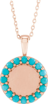 14K Gold Round Natural Turquoise Engravable Halo-Style Necklace or Pendant - Rose Gold